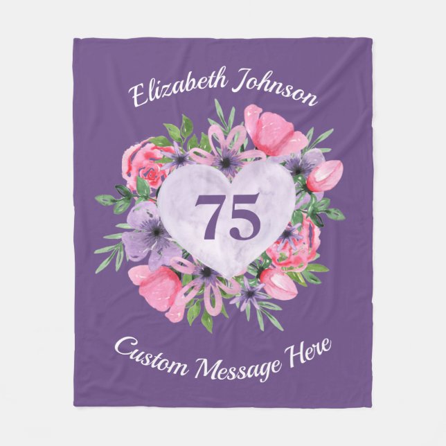 Manta Polar Floral Purple 75th Birthday Blanket para mujeres (Anverso)