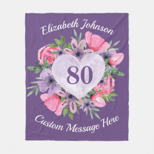 Manta Polar Floral Purple 80th Birthday Blanket para mujeres
