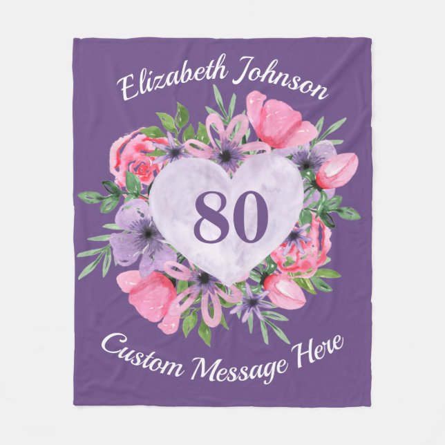 Manta Polar Floral Purple 80th Birthday Blanket para mujeres (Anverso)