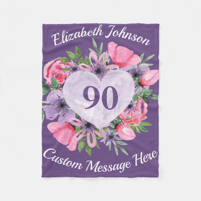Manta Polar Floral Purple 90th Birthday Blanket para mujeres (Anverso)