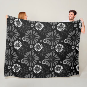 Manta Polar Floral retro en blanco y negro
