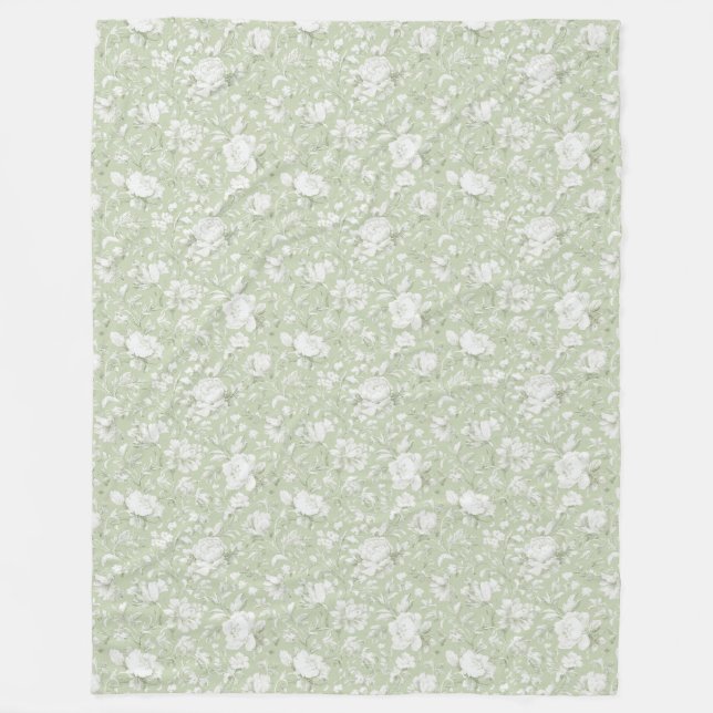 Manta Polar Floral Romántico Blanco Verde   (Anverso)