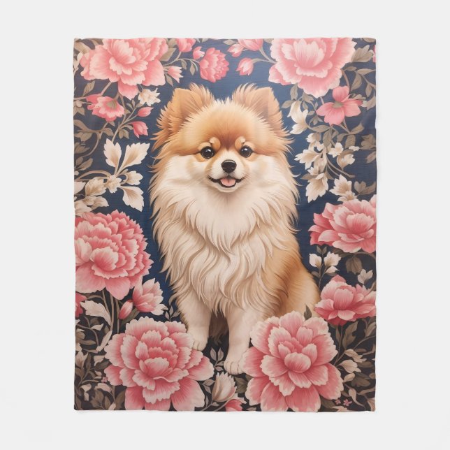 Manta Polar Floral rosa de perro de Pomerania (Anverso)