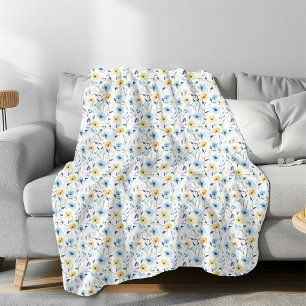 Manta Polar Floral silvestre acuarela azul amarillo 