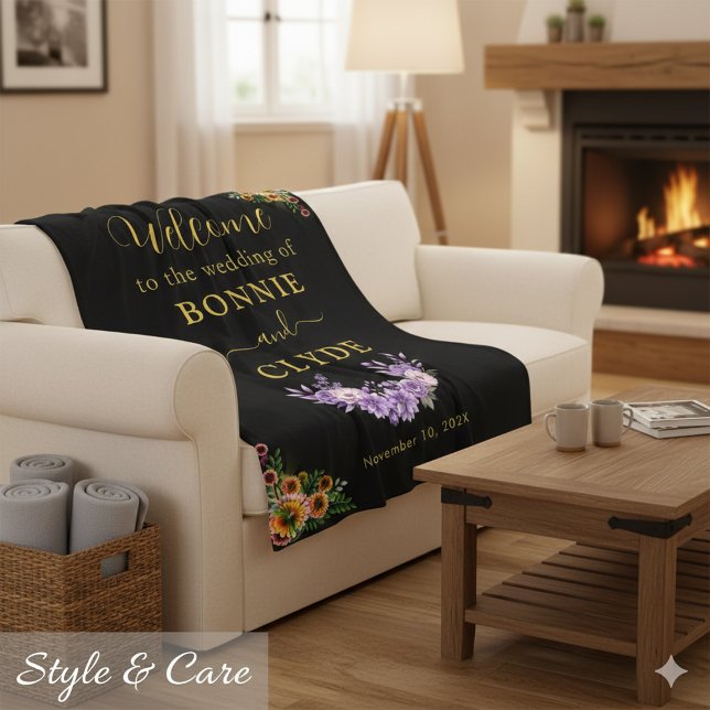 Manta Polar Floral sobre negro Boda Bienvenida tamaño 50"x60" (Floral on Black Wedding Welcome 50x60 size Fleece Blanket)