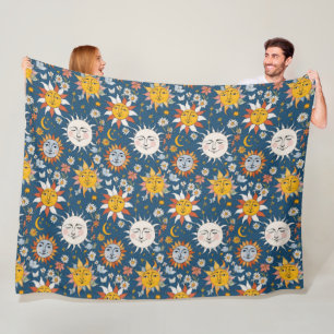 Manta Polar Floral Sol y Luna en Azules y Amarillos