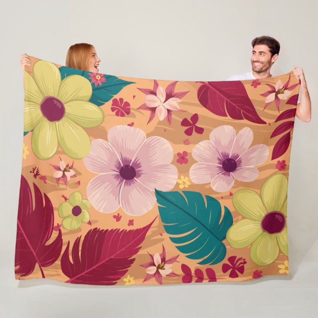 Manta Polar Floral tropical cálida con hojas rojas y verdes (In situ)