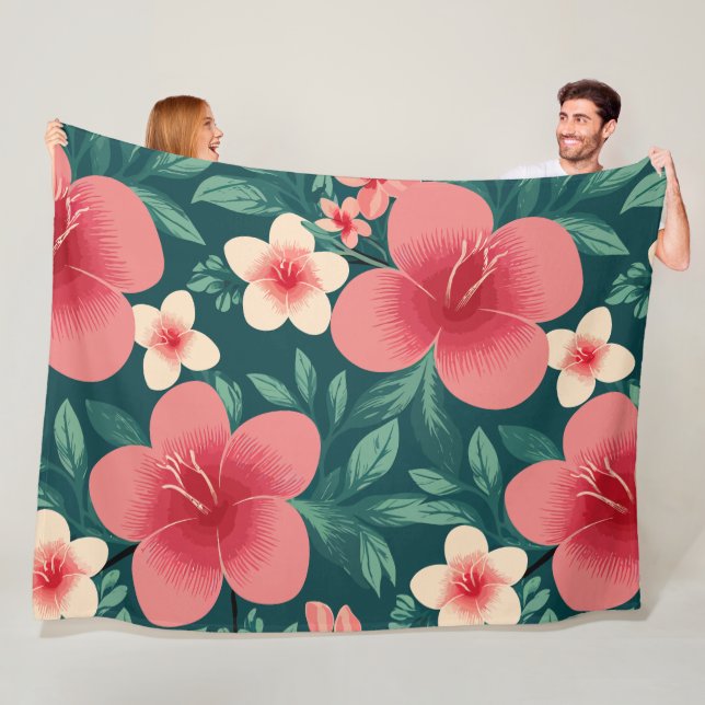 Manta Polar Floral tropical con hibiscus rojo y crema (In situ)