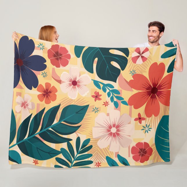 Manta Polar Floral tropical con hojas y flores audaces (In situ)