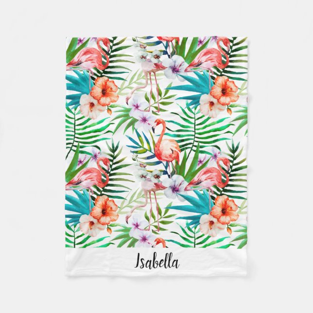 Manta Polar Floral tropical del flamenco rosado personalizado (Anverso)