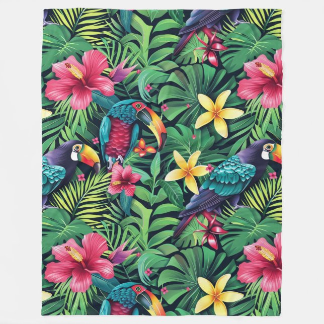 Manta Polar Floral tropical vibrante con diseño de loros (Anverso)