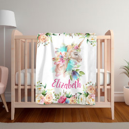 Manta Polar Floral Unicorn Chica Blanket