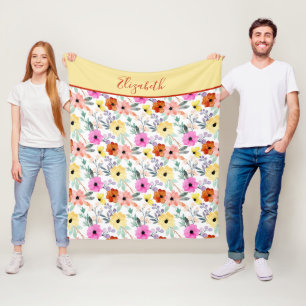 Manta Polar Floral Verde Rosa Rojo Amarillo con Monograma