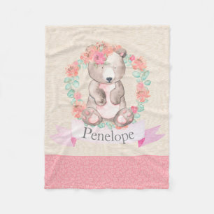 Manta Polar Floral Watercolor Bear Nursera bebé