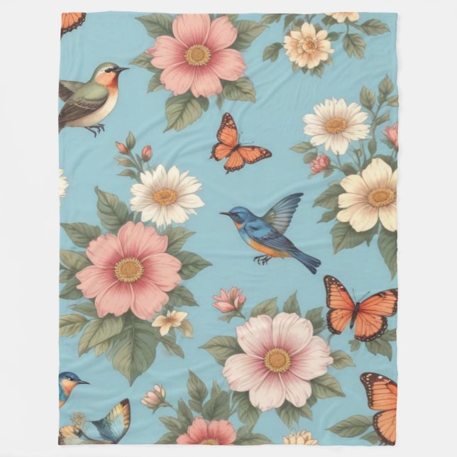 Manta Polar Flores Aves Y Mariposas (Anverso)