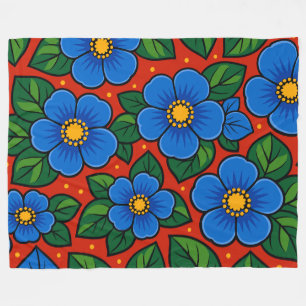Manta Polar Flores Azules y Hojas Verdes sobre un Fondo Rojo