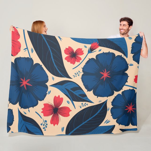 Manta Polar Flores azules y rojas, con hojas azules oscuras (In situ)