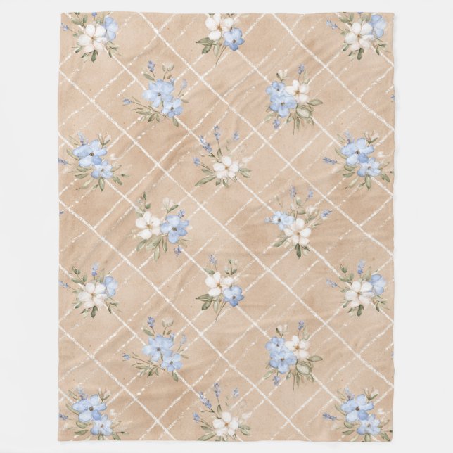 Manta Polar Flores Blancas Azules Tostadas (Anverso)
