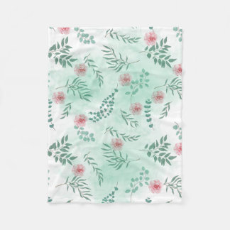 Manta Polar Flores color de agua rosa y ramas verdes botánicas