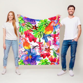 Manta Polar Flores Coloridas Elegantes Y Pájaro Loro