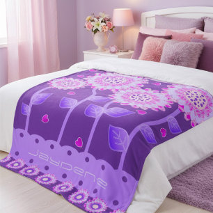 Manta Polar Flores con Corazones en Púrpura y Rosa