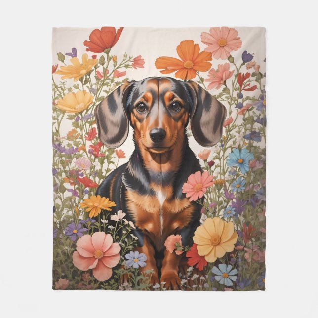 Manta Polar Flores Cute Brown Dachshund Y Cosmos (Anverso)