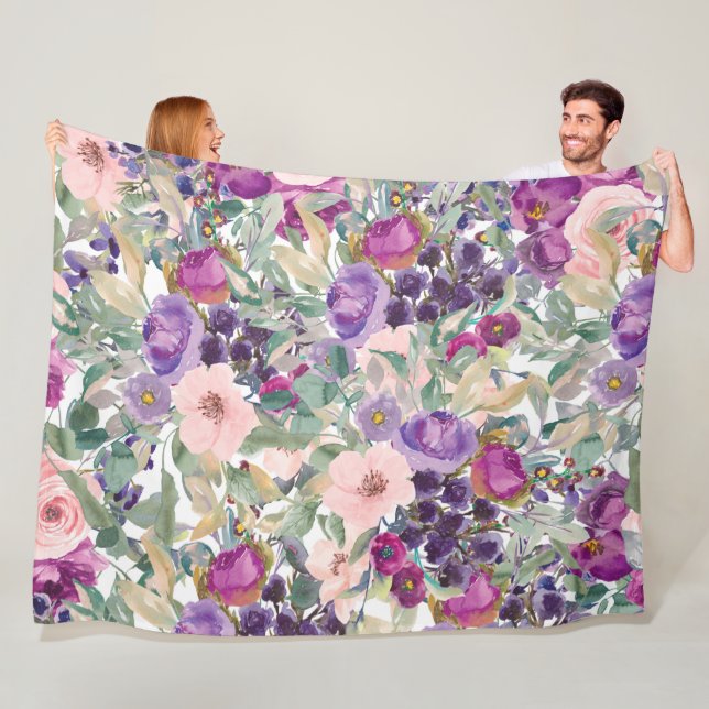 Manta Polar Flores de Acuarela Boho Rosa Púrpura (In situ)