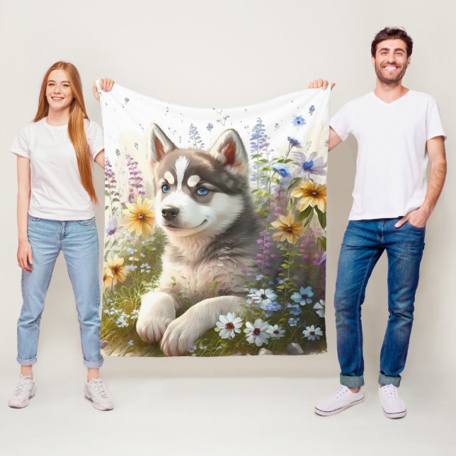 Manta Polar Flores de acuarela y cachorro de Husky siberiano (In situ)