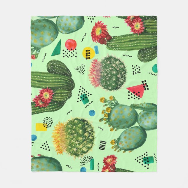 Manta Polar Flores de cactus: fondo geométrico acuarela. (Anverso)