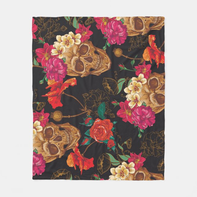 Manta Polar Flores De Calavera: Fondo Oscuro Sin Marea. (Anverso)