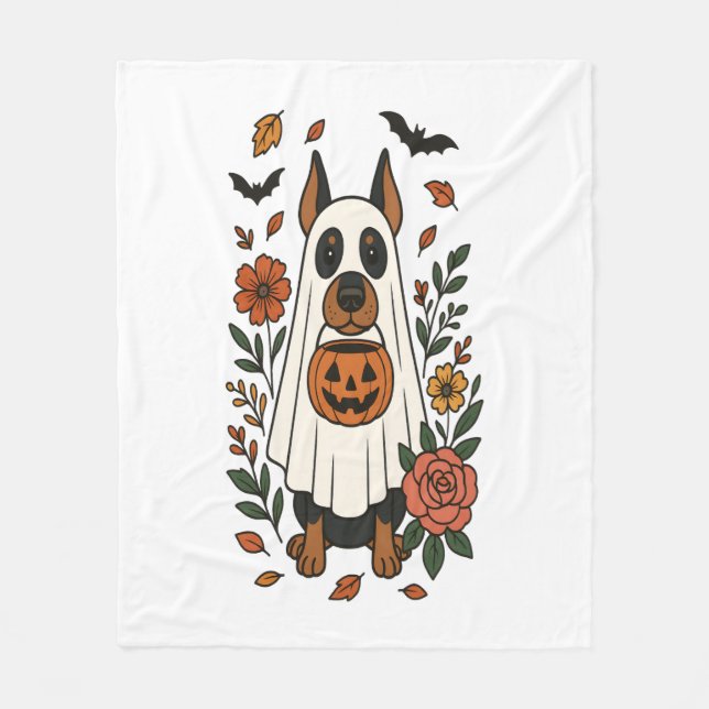 Manta Polar Flores de Halloween Doberman Pinscher (Anverso)
