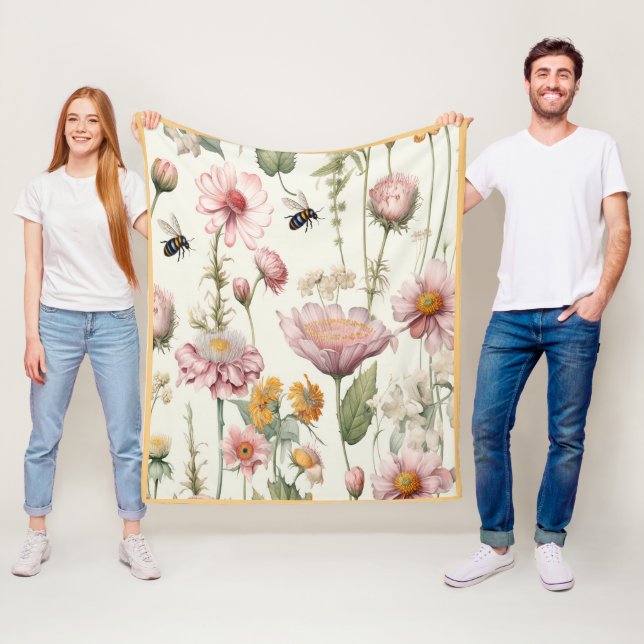 Manta Polar Flores de manantial acuarela Abejas amarillas rosa (In situ)