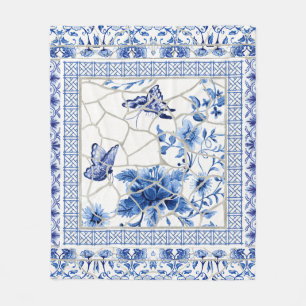 Manta Polar Flores de Moda Chinoiserie azul y blanca mariposa