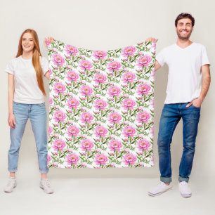 Manta Polar Flores de peones rosados con hojas verdes sabrosas