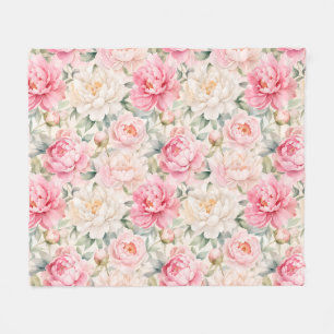 Manta Polar Flores de peonía de acuarela en pastel suave