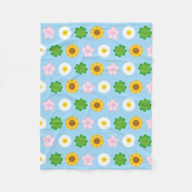 Manta Polar Flores de primavera de Kawaii (azul) (Anverso)