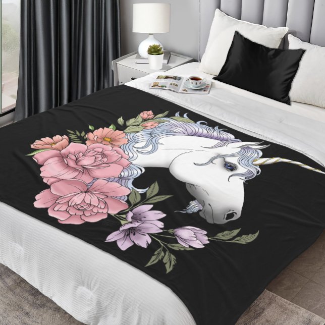 Manta Polar Flores de Unicornio Blanco Encantado Rosa Negro (Subido por el creador)