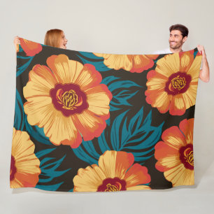 Manta Polar Flores doradas-amarillas y rojas con hojas de colo