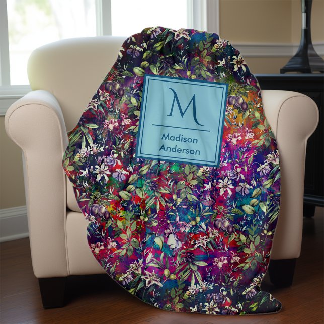 Manta Polar Flores dulces y hojas negro rojo monograma floral (Subido por el creador)