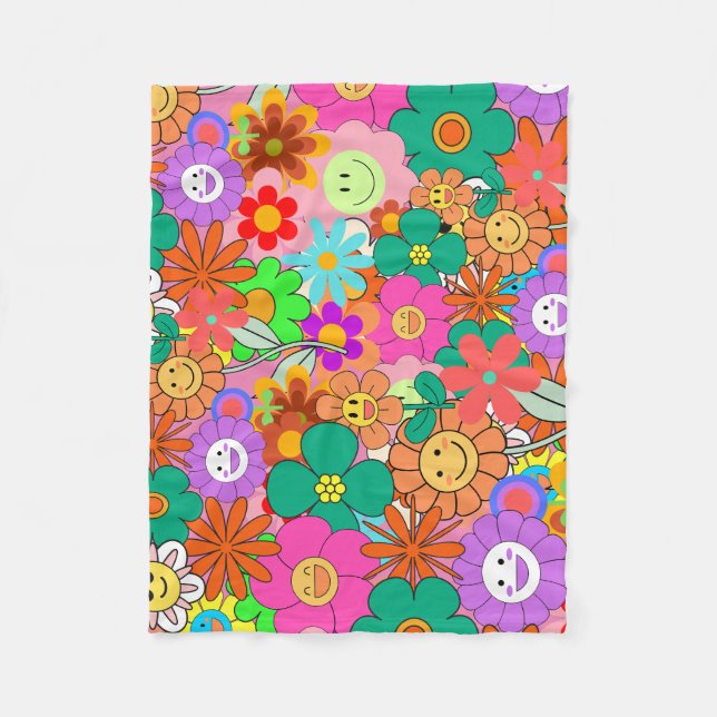 Manta Polar Flores Hippie Retro Groovy Boho (Anverso)
