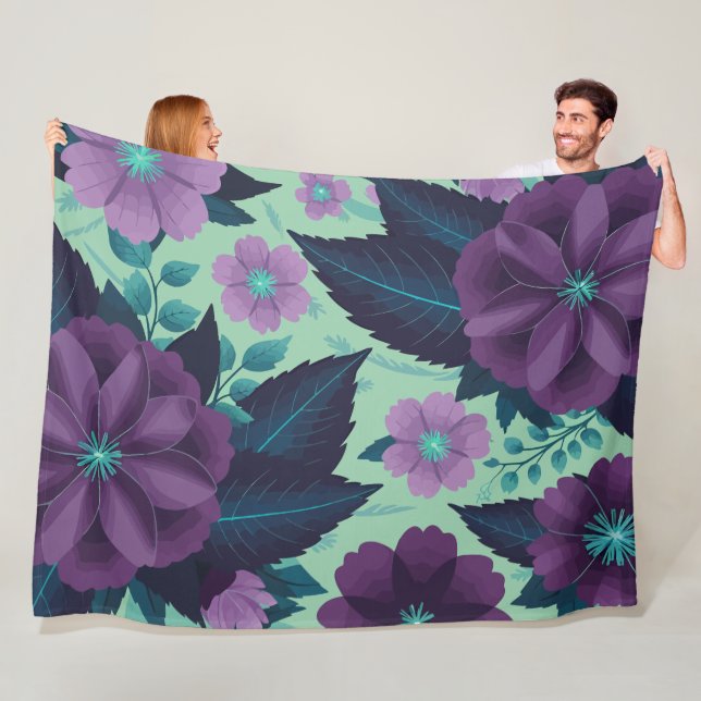 Manta Polar Flores moradas con hojas sobre fondo de menta (In situ)