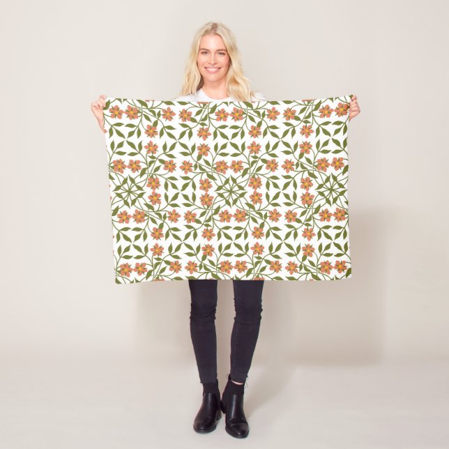 Manta Polar Flores Naranjas, Patrón Floral, Follaje, Boho (In situ)