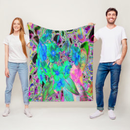 Manta Polar Flores psicodélicas trippy, verde limón y azul