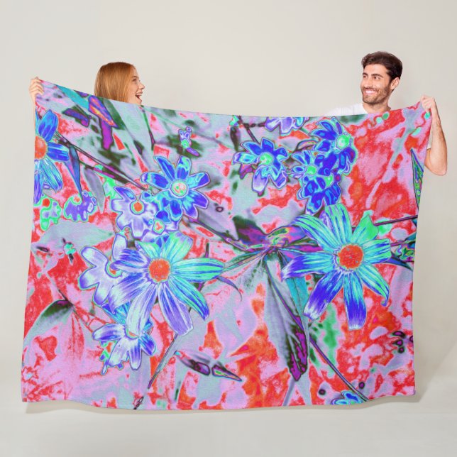 Manta Polar Flores retro psicodélicas de Aqua verde y Naranja (In situ)