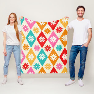 Manta Polar Flores retro sobre coloridos diamantes de Harlequi