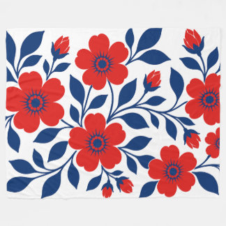 Manta Polar Flores Rojas Intensas y Hojas Azules de Marina