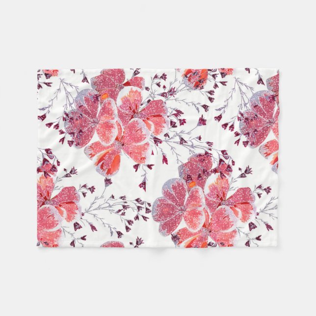 Manta Polar Flores rojas rosadas sobre blanco. (Frente (Horizontal))
