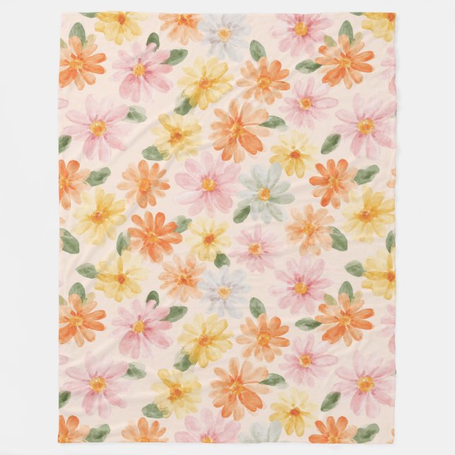 Manta Polar Flores Rosa Amarillo Azul Melocotón  (Anverso)