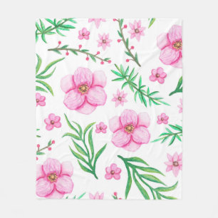 Manta Polar Flores rosa claras de color agua, cerezas pequeñas