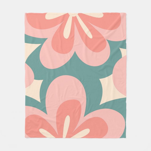 Manta Polar Flores rosa y turquesa de estilo retro (Anverso)
